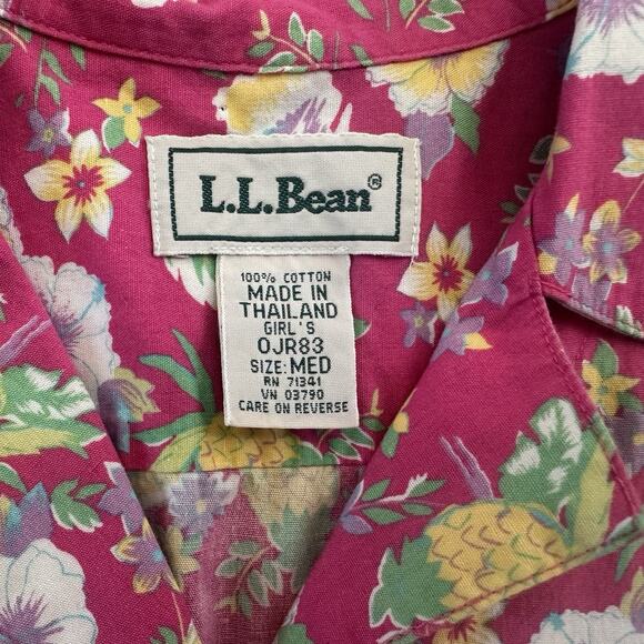 LL Bean Girls Short Sleeve Hawaiian Pineapple Floral Pink Button Shirt Medium - Picture 3 of 4